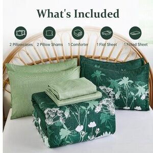 7 PieceGreen Floral Bed Set Comforter/Sheets/Pillow Cases
